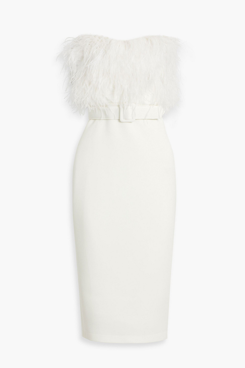 badgley mischka - strapless feather-embellished scuba midi dress - white - us 6