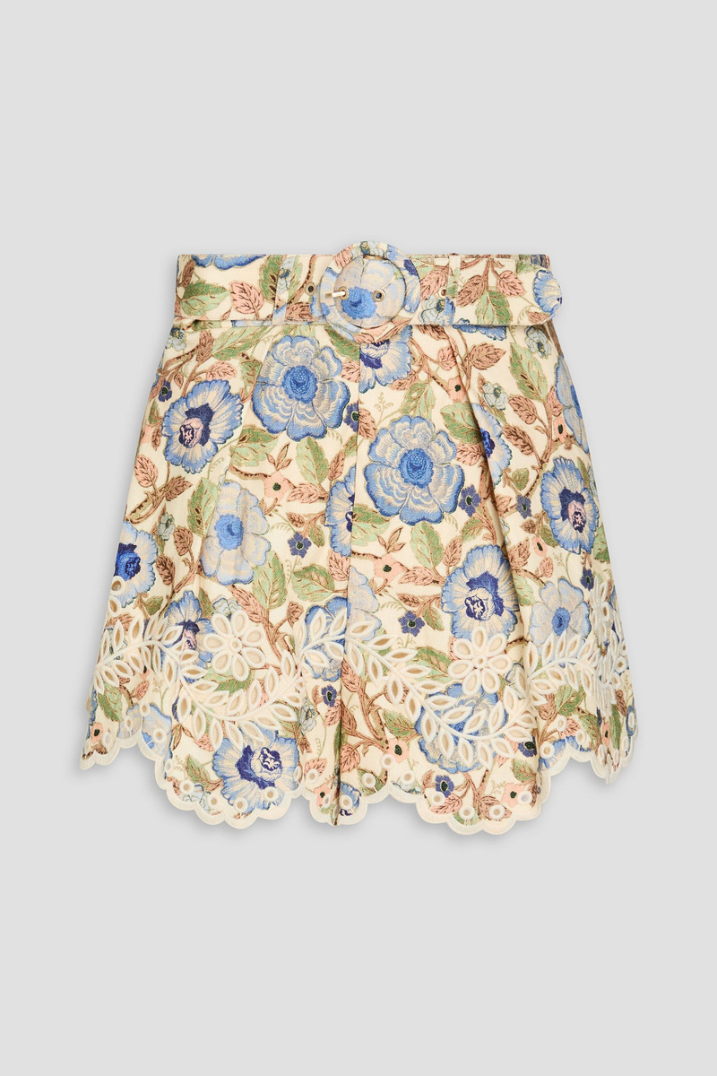 zimmermann - belted floral-print broderie anglaise linen shorts - white - 00