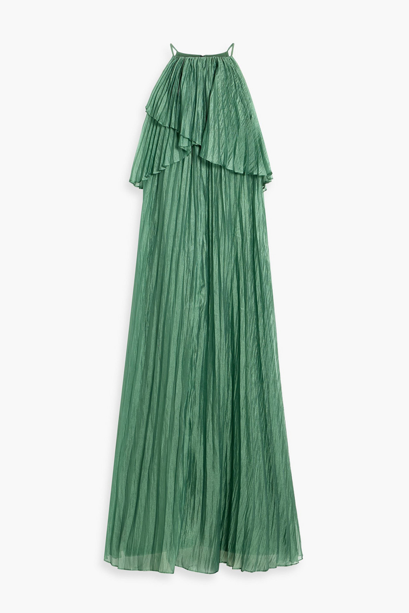 badgley mischka - pleated crinkled-habotai gown - green - us 6