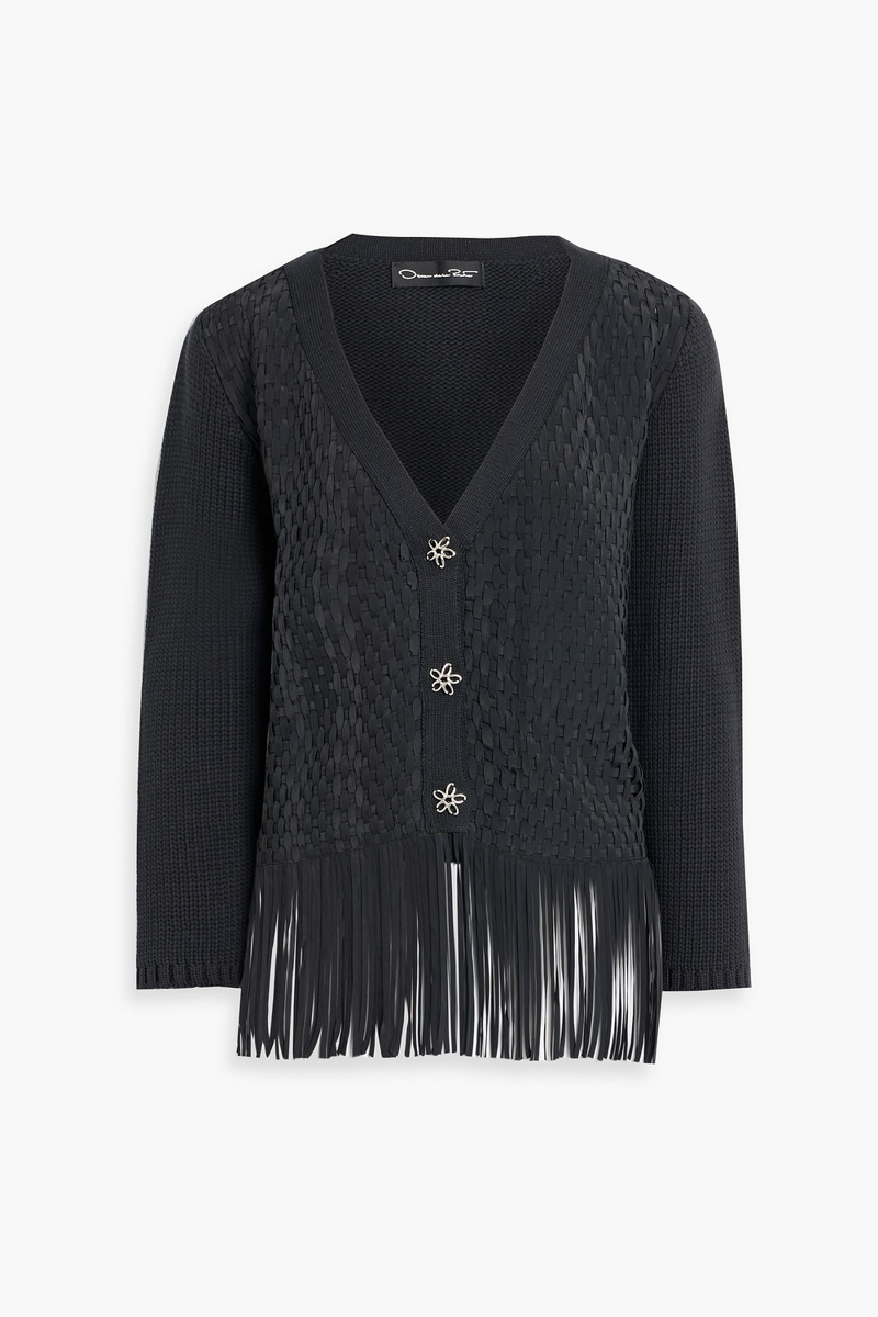 oscar de la renta - fringed crepe de chine-paneled cotton-blend cardigan - black - m