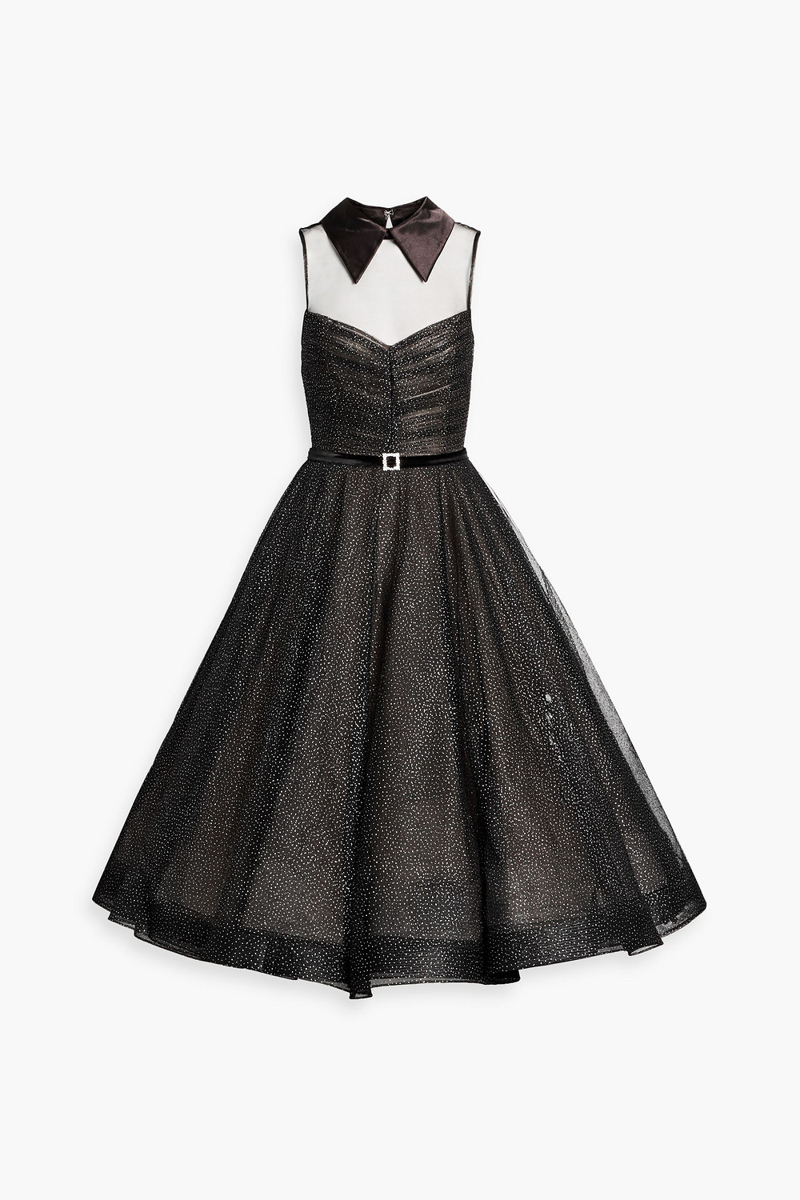 bronx and banco - charlotte belted glittered tulle midi dress - black - uk 6