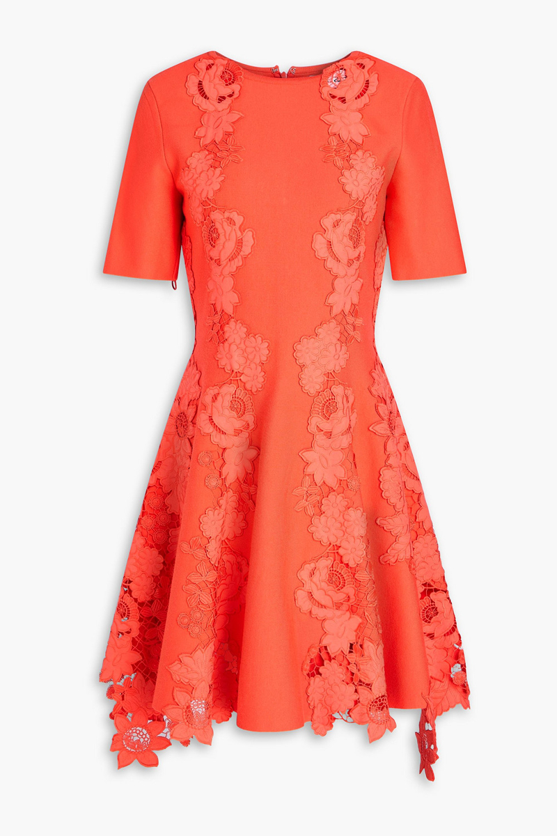 oscar de la renta - guipure lace-trimmed jersey dress - orange - xs