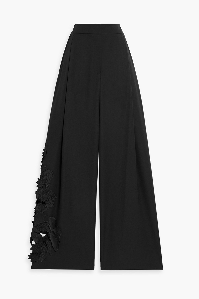 oscar de la renta - guipure lace-paneled grain de poudre wool wide-leg pants - black - us 0