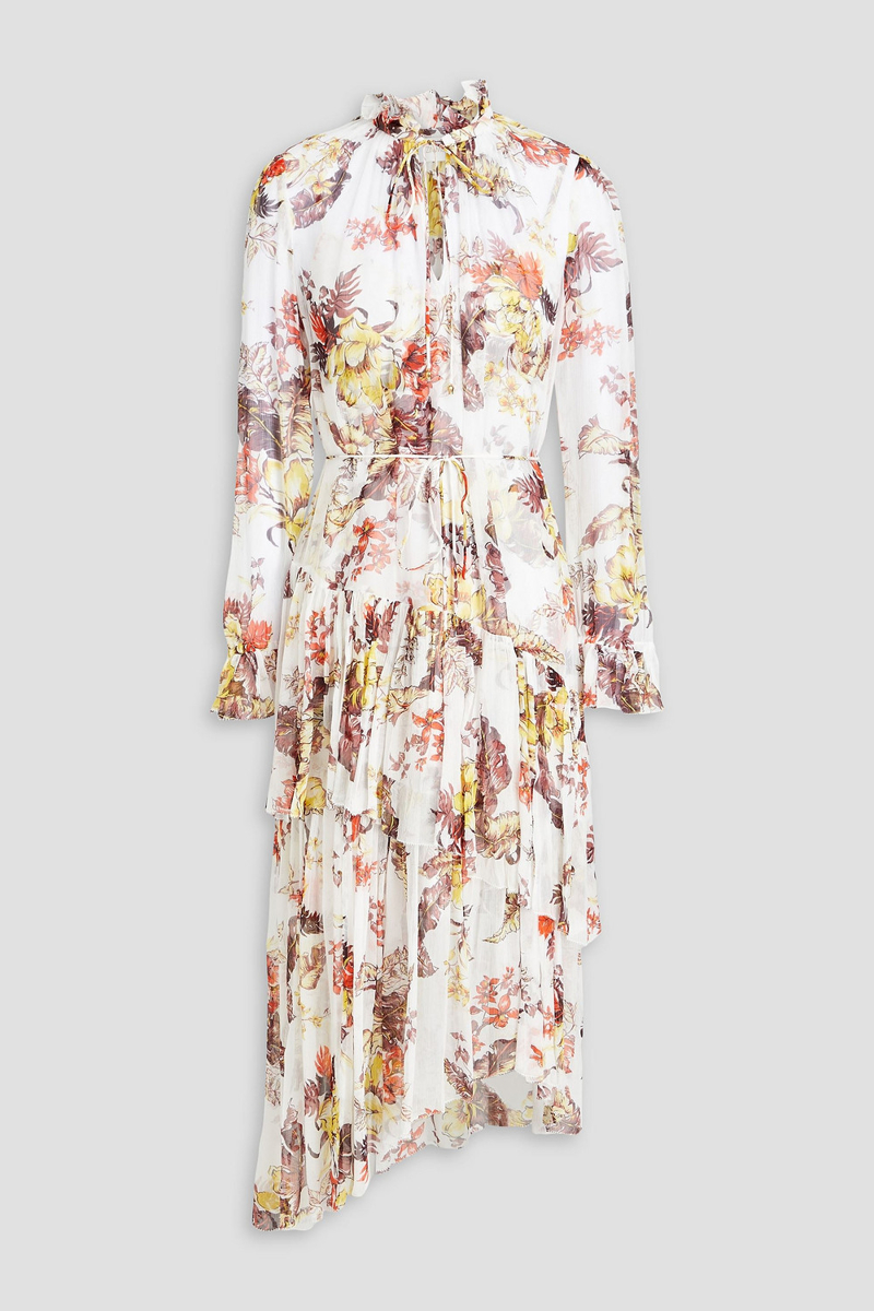 zimmermann - tiered printed crepon midi dress - white - 00