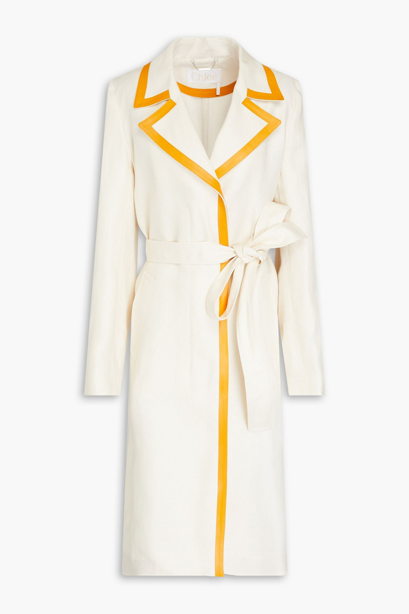 chloé - leather-trimmed linen-canvas trench coat - white - fr 40