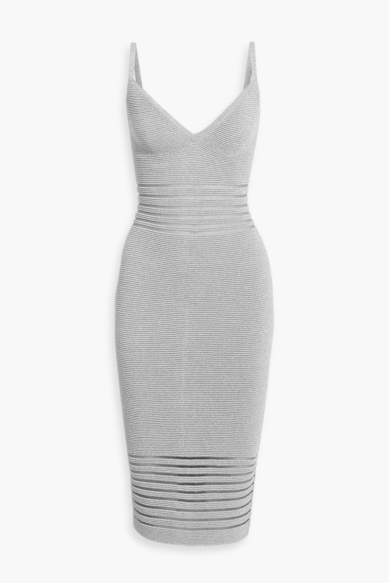 hervé léger - elsa metallic ribbed-knit midi dress - metallic - xxs