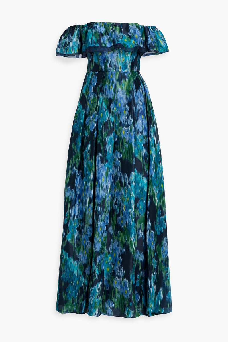 carolina herrera - off-the-shoulder ruffled printed silk-organza gown - blue - us 2