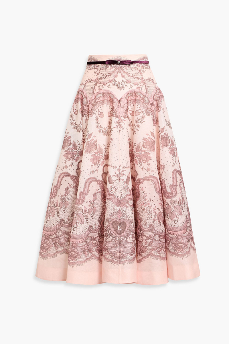 zimmermann - belted printed linen and silk-blend gauze midi skirt - pink - 0