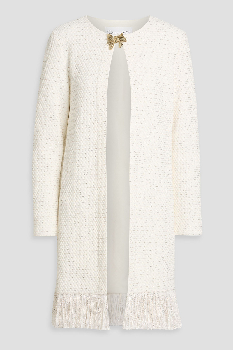 oscar de la renta - fringed sequin-embellished textured-knit coat - white - s
