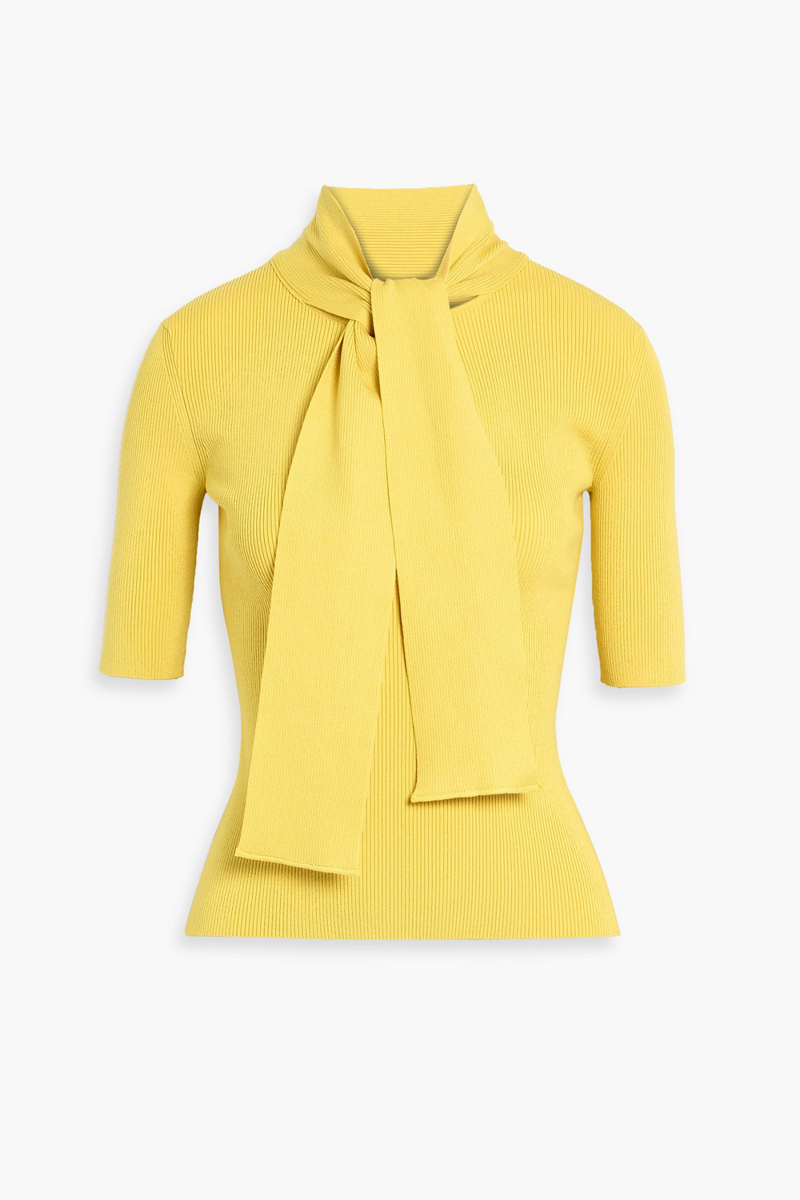 oscar de la renta - tie-detailed ribbed silk-blend top - yellow - m