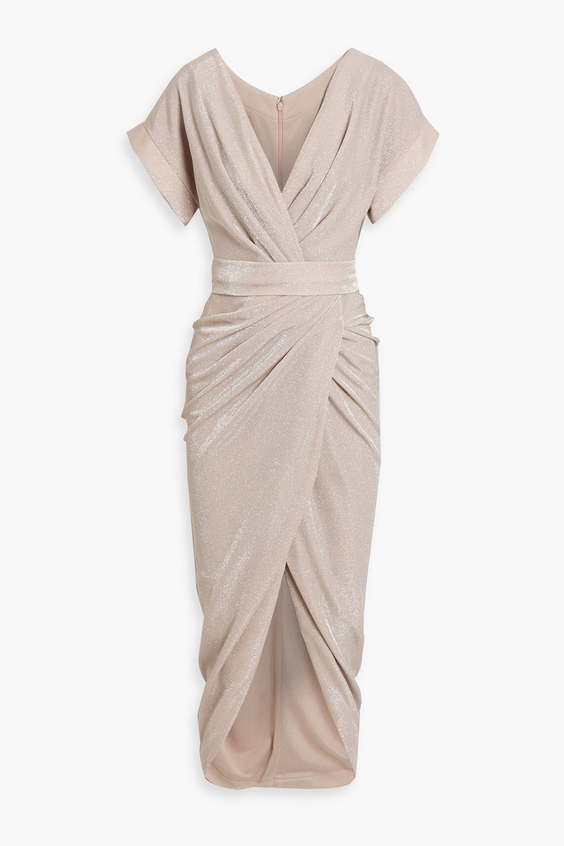 Rhea Costa - Wrap-effect draped glittered jersey midi dress - Pink - IT 38