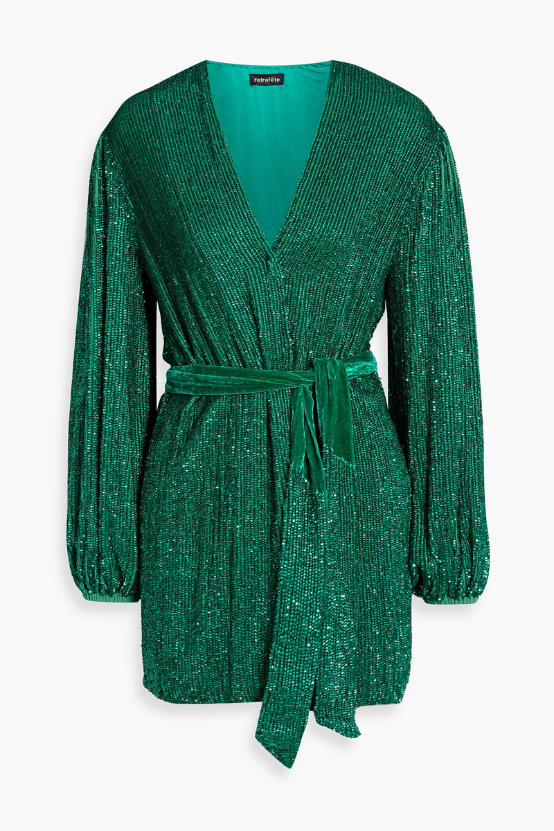 retrofête - gabrielle sequined chiffon mini wrap dress - green - xs