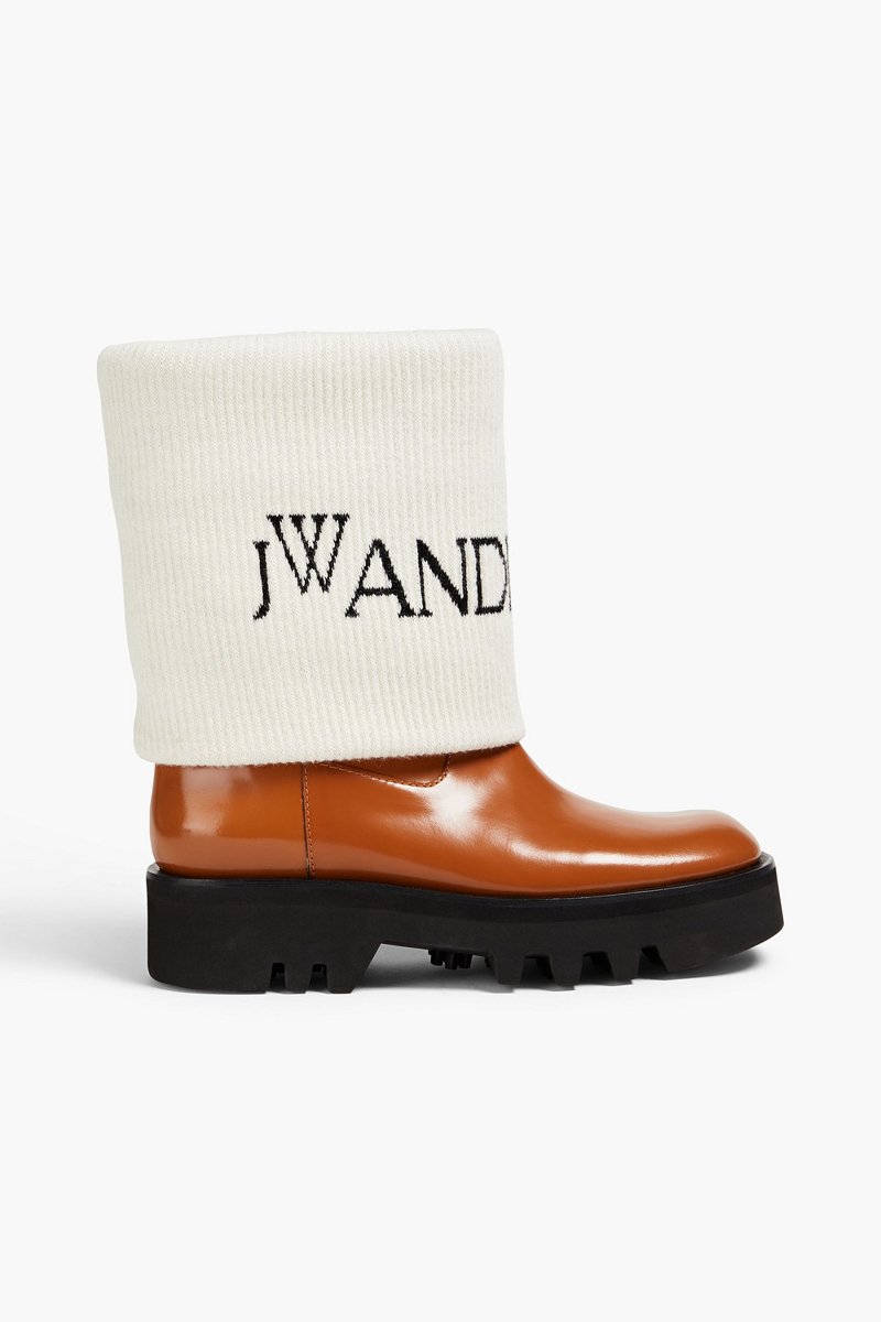 JW Anderson - Fisherman wool-jacquard and glossed-leather ankle boots - Brown - EU 42