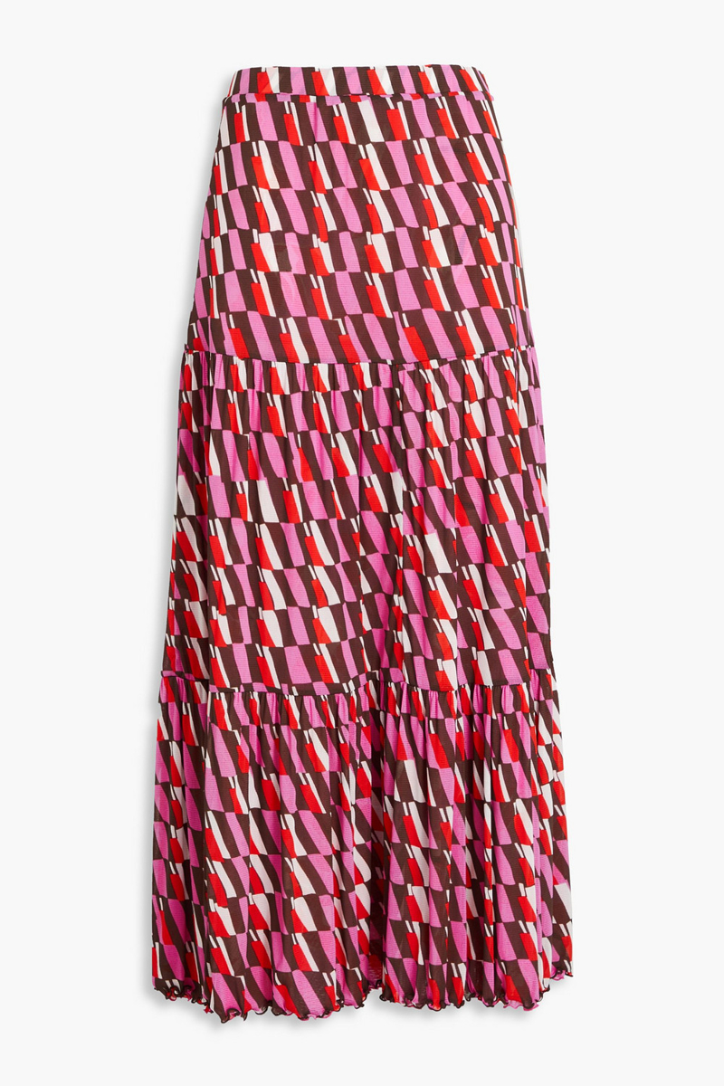 diane von furstenberg - austria reversible tiered printed stretch-mesh maxi skirt - pink - l