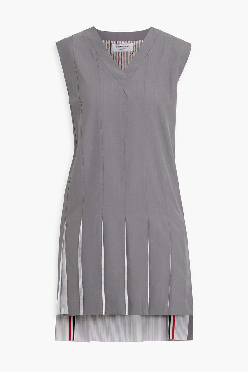 thom browne - pleated striped cotton oxford and wool-blend ripstop mini dress - gray - it 38