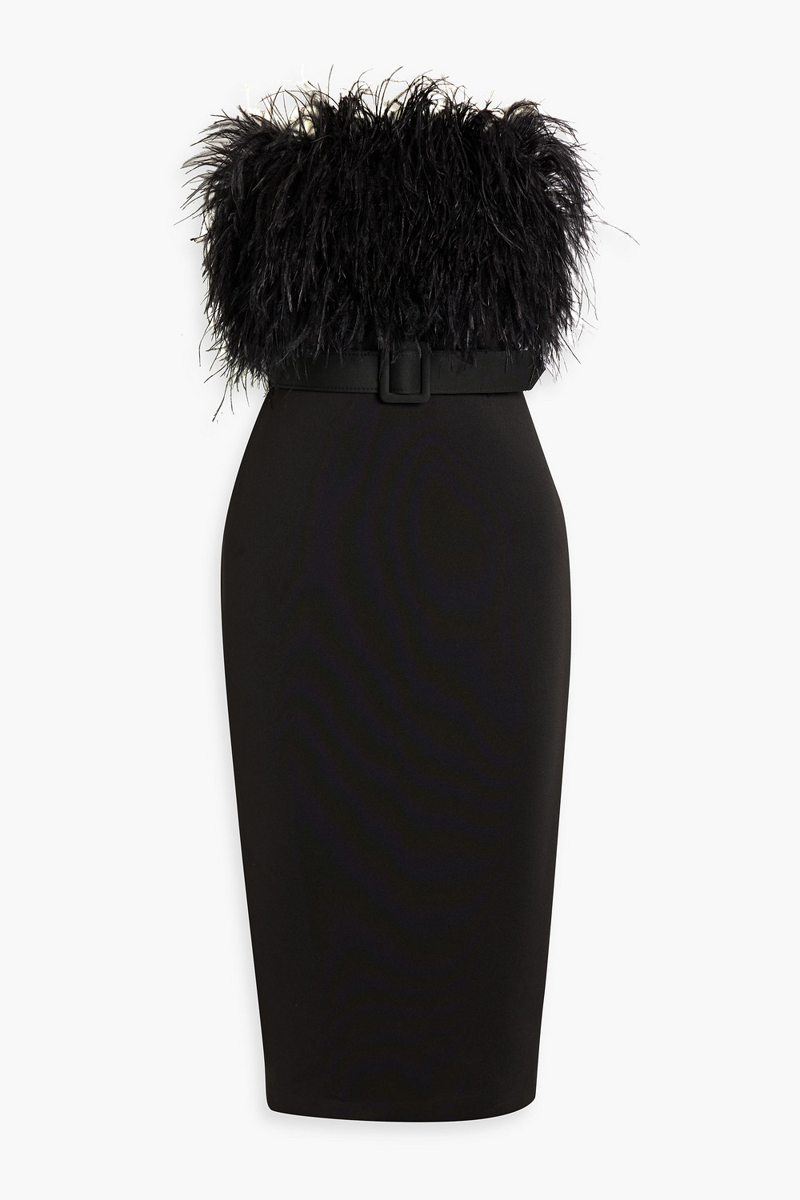 Badgley Mischka - Strapless feather-embellished scuba midi dress - Black - US 6