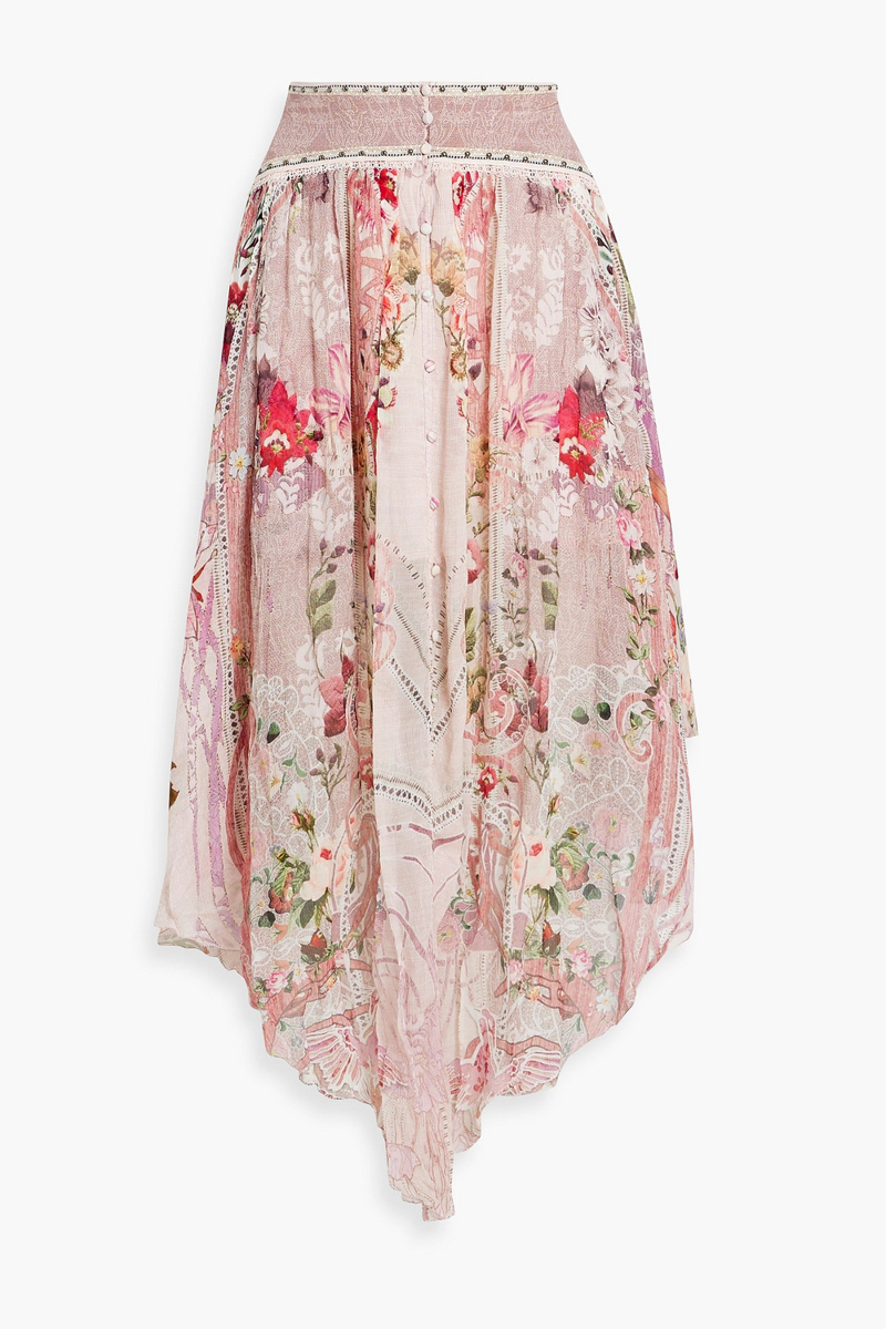 Camilla - Asymmetric studded printed silk-georgette midi skirt - Pink - XL