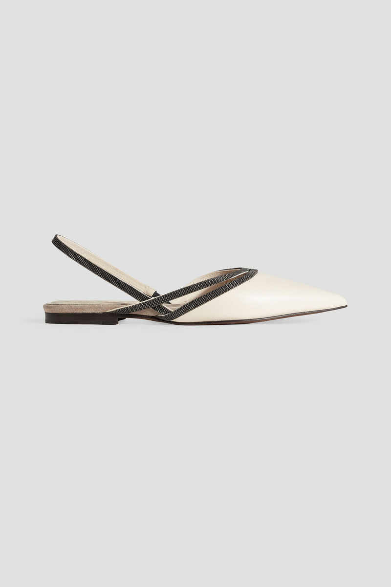 Brunello Cucinelli - Bead-embellished leather slingback point-toe flats - White - EU 37