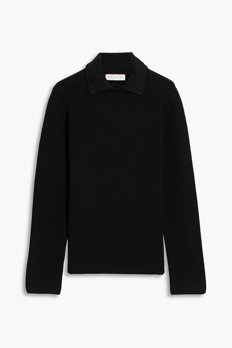 veronica de piante - estella ribbed wool polo sweater - black - xs