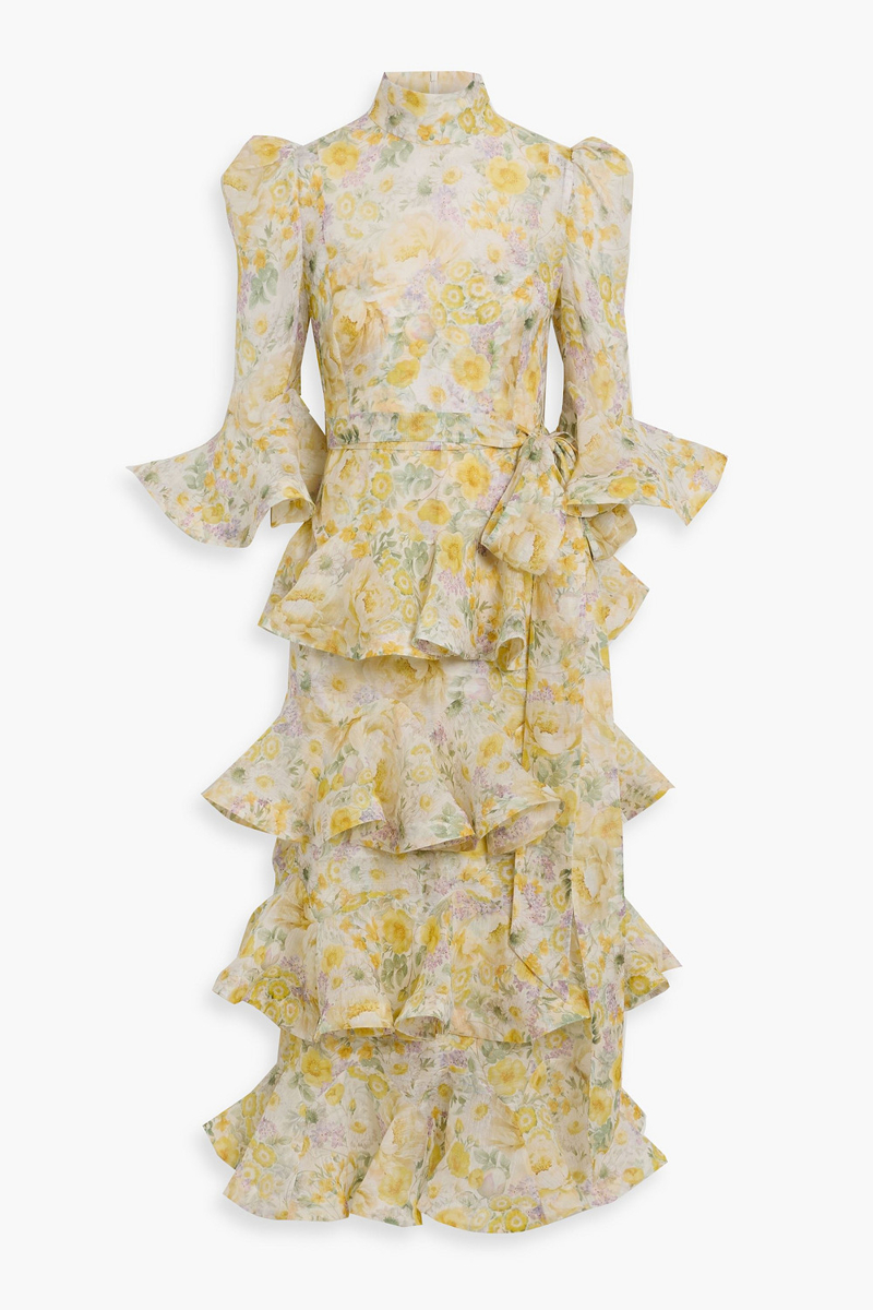 zimmermann - ruffled floral-print linen and silk-blend gauze midi dress - yellow - 00