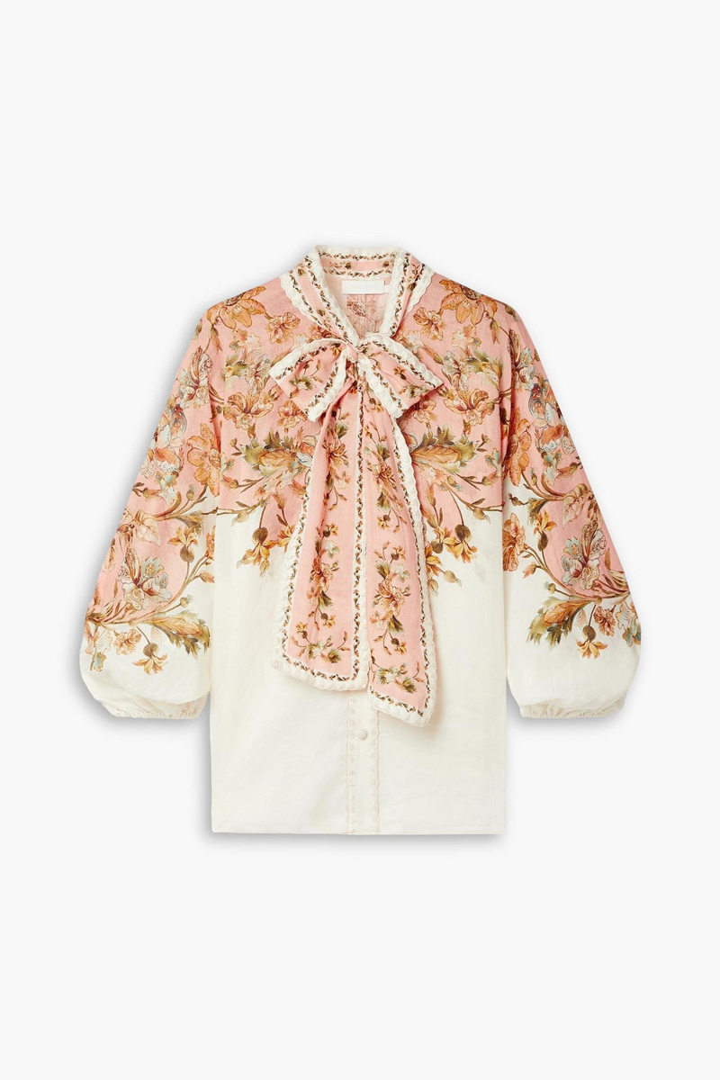 zimmermann - chintz pussy-bow floral-print embroidered ramie blouse - pink - 0