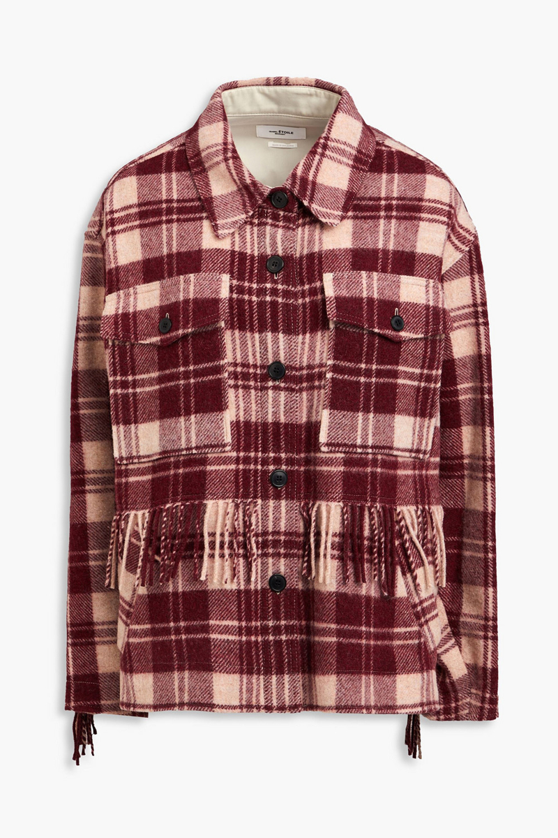 marant étoile - fringed checked wool-blend felt jacket - burgundy - fr 34