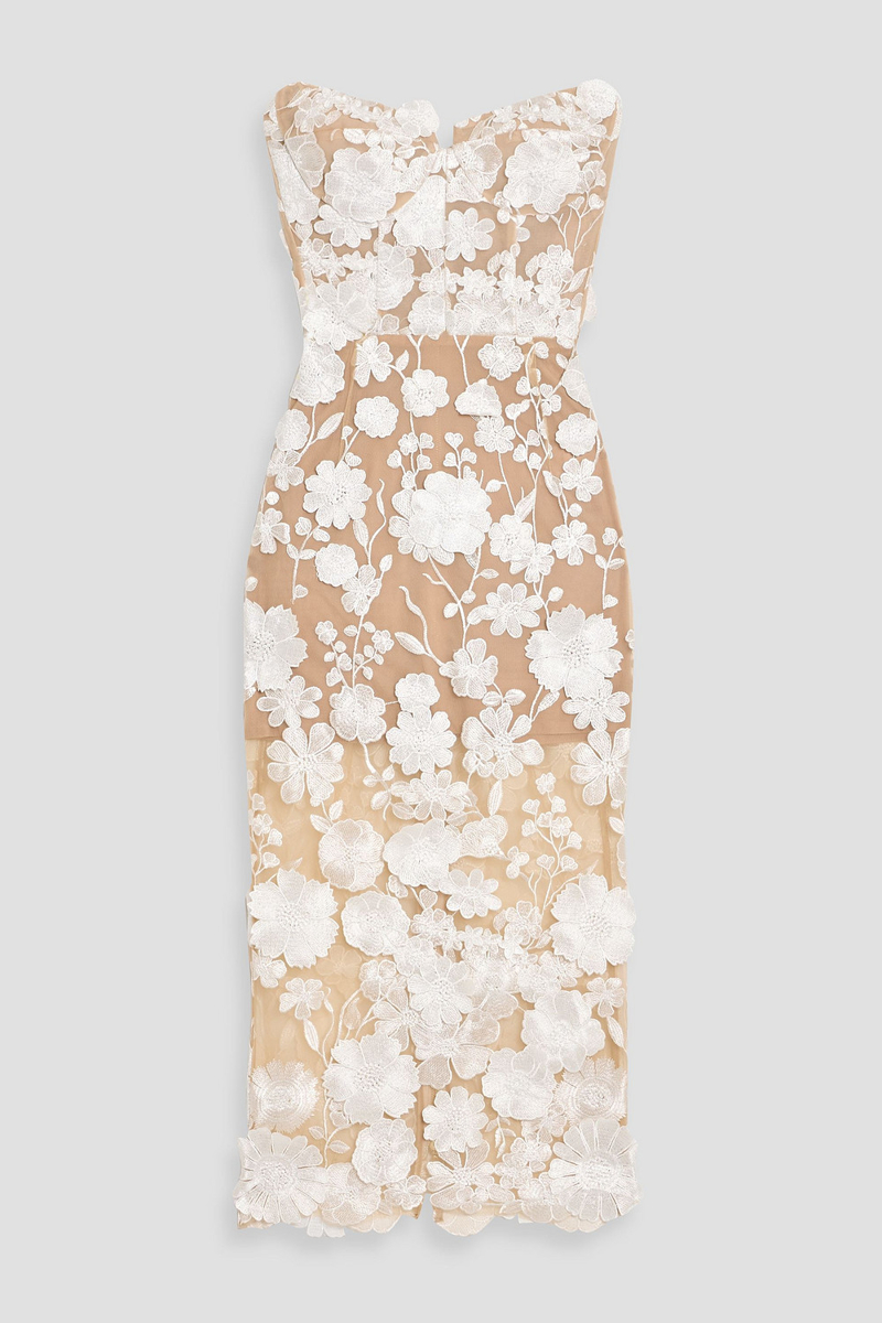 bronx and banco - jasmine strapless floral-appliquéd tulle midi dress - white - uk 6