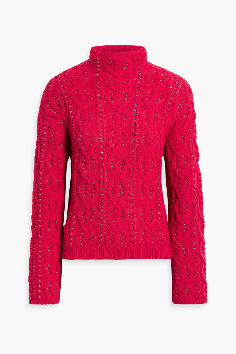 carolina herrera - embellished cable-knit wool and cashmere-blend turtleneck sweater - pink - l