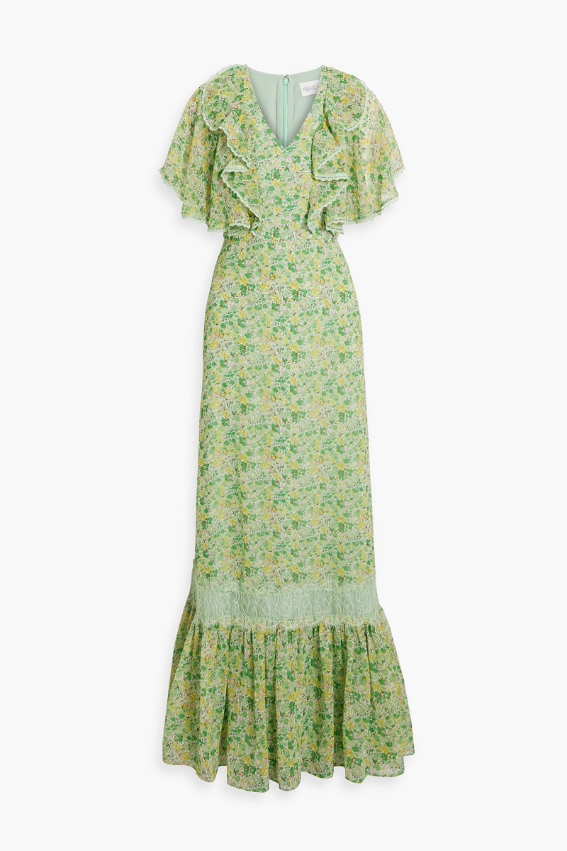 Mikael Aghal - Lace-trimmed ruffled floral-print chiffon maxi dress - Green - US 2