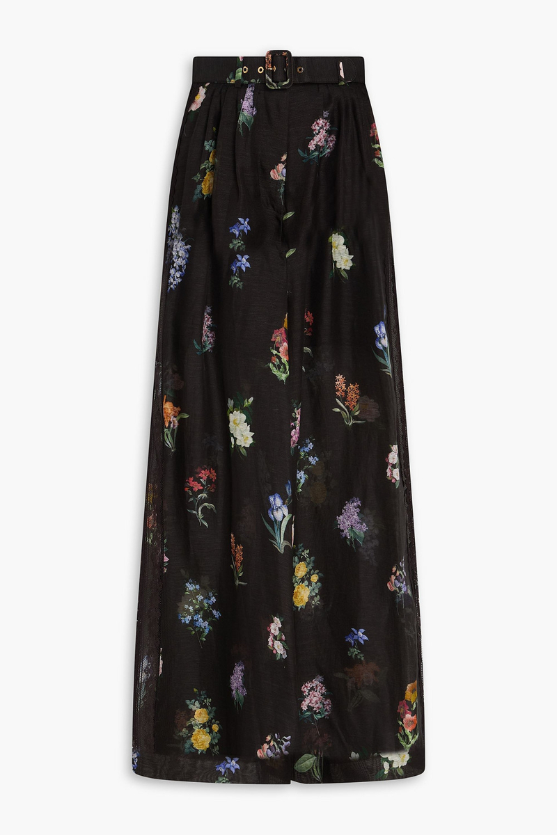 zimmermann - pleated floral-print linen and silk-blend wide-leg pants - black - 0
