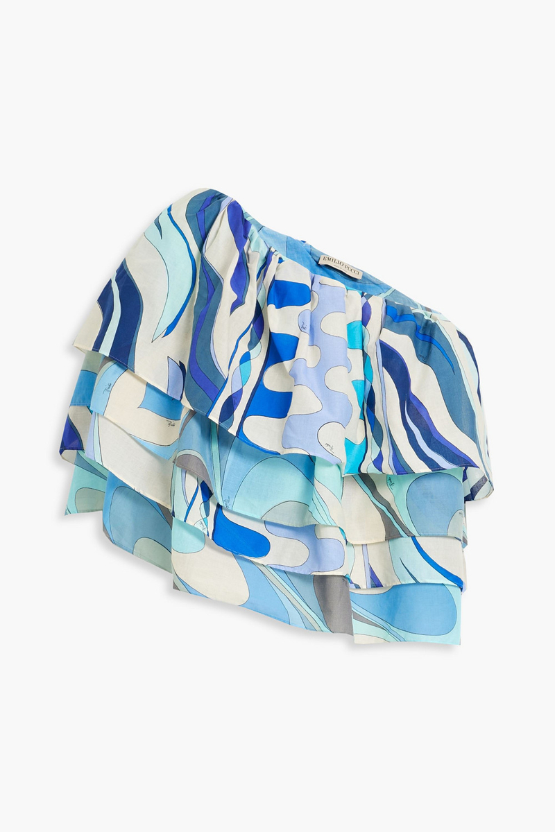 pucci - one-shoulder ruffled printed cotton-voile top - blue - it 40