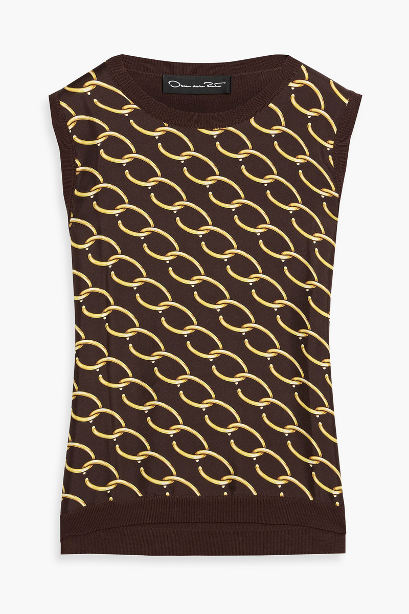 oscar de la renta - printed satin-twill and silk-blend top - brown - xs