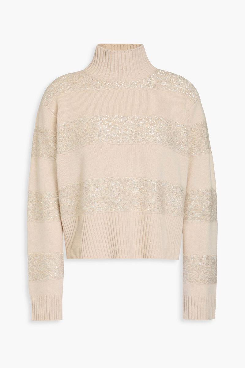 brunello cucinelli - sequin-embellished wool, cashmere and silk-blend turtleneck sweater - neutral - xs