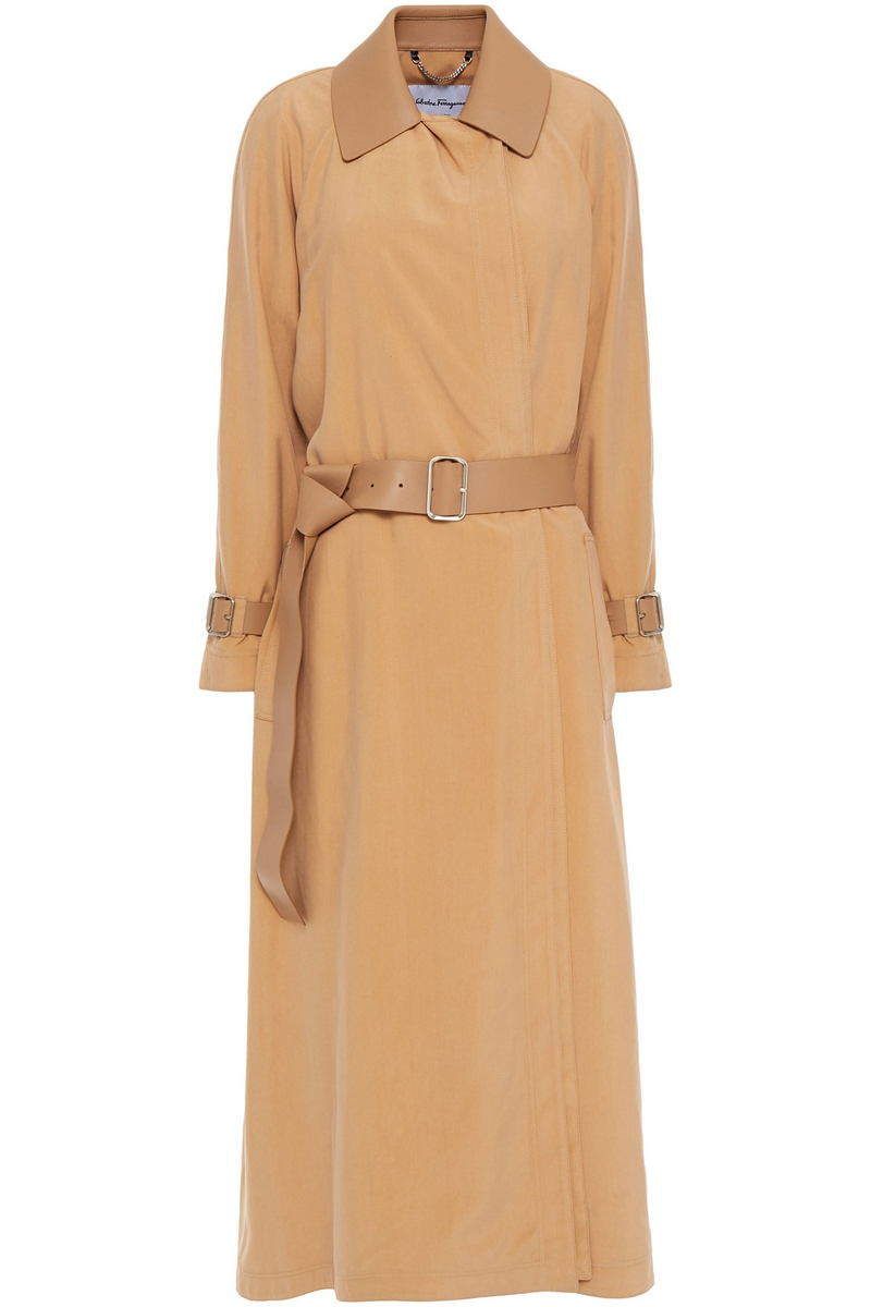 ferragamo - leather-trimmed washed-silk trench coat - brown - it 42