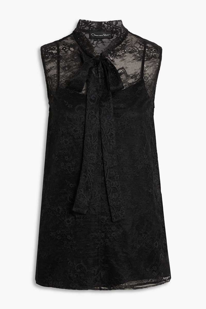 Oscar de la Renta - Pussy-bow silk-lace top - Black - US 8