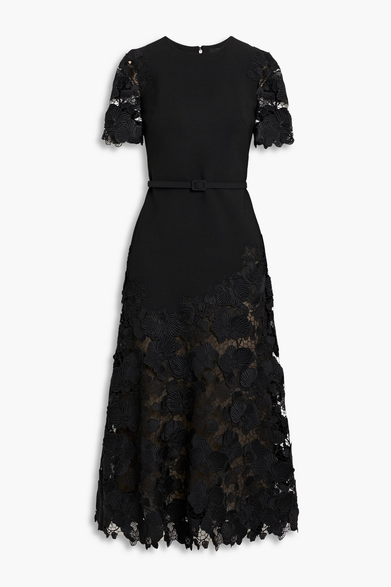 oscar de la renta - belted guipure lace and wool-blend midi dress - black - us 0
