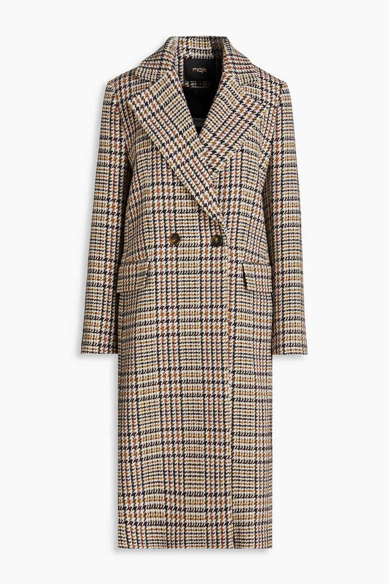 maje - double-breasted houndstooth wool-blend tweed coat - brown - fr 42
