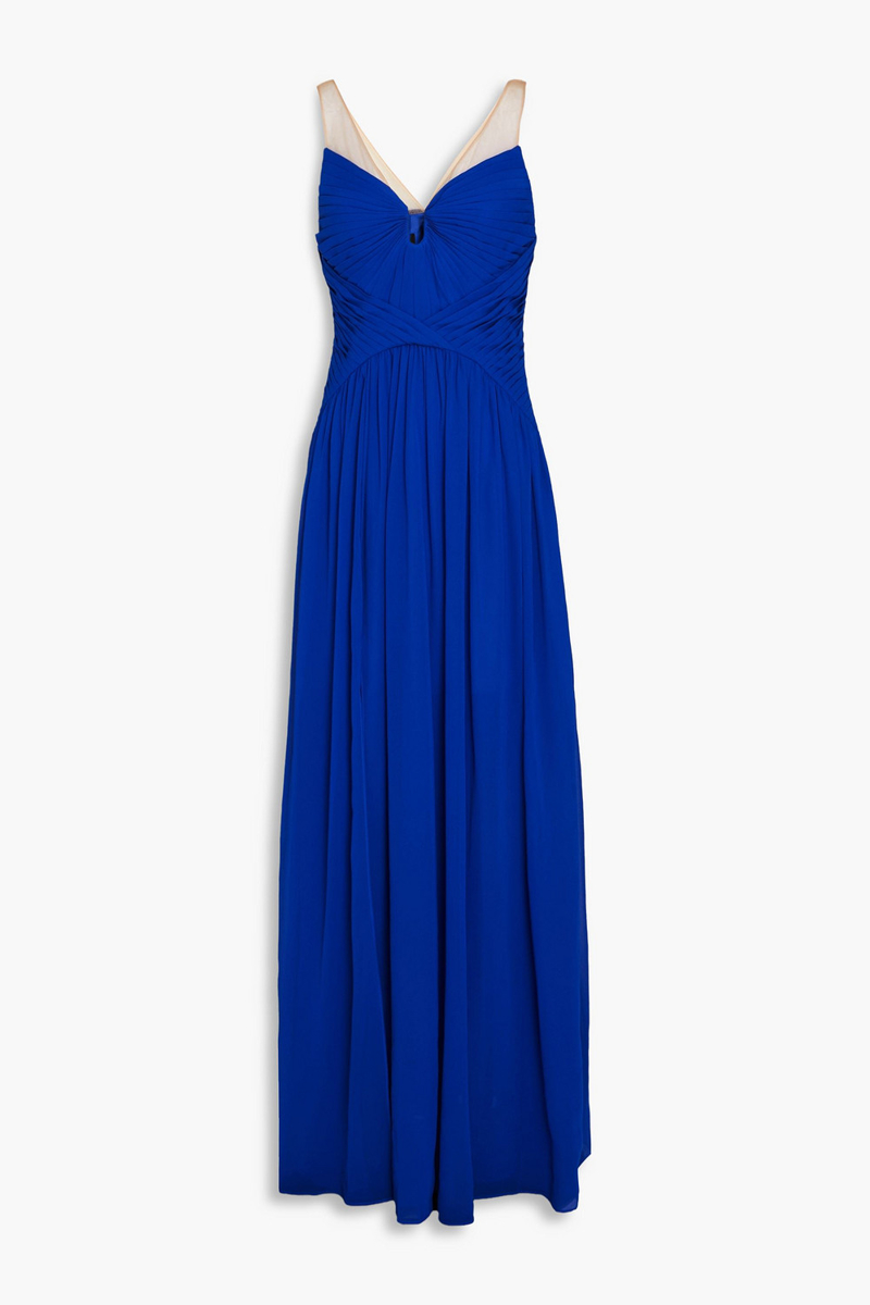 zac posen - tulle-trimmed plissé-crepe maxi dress - blue - us 4