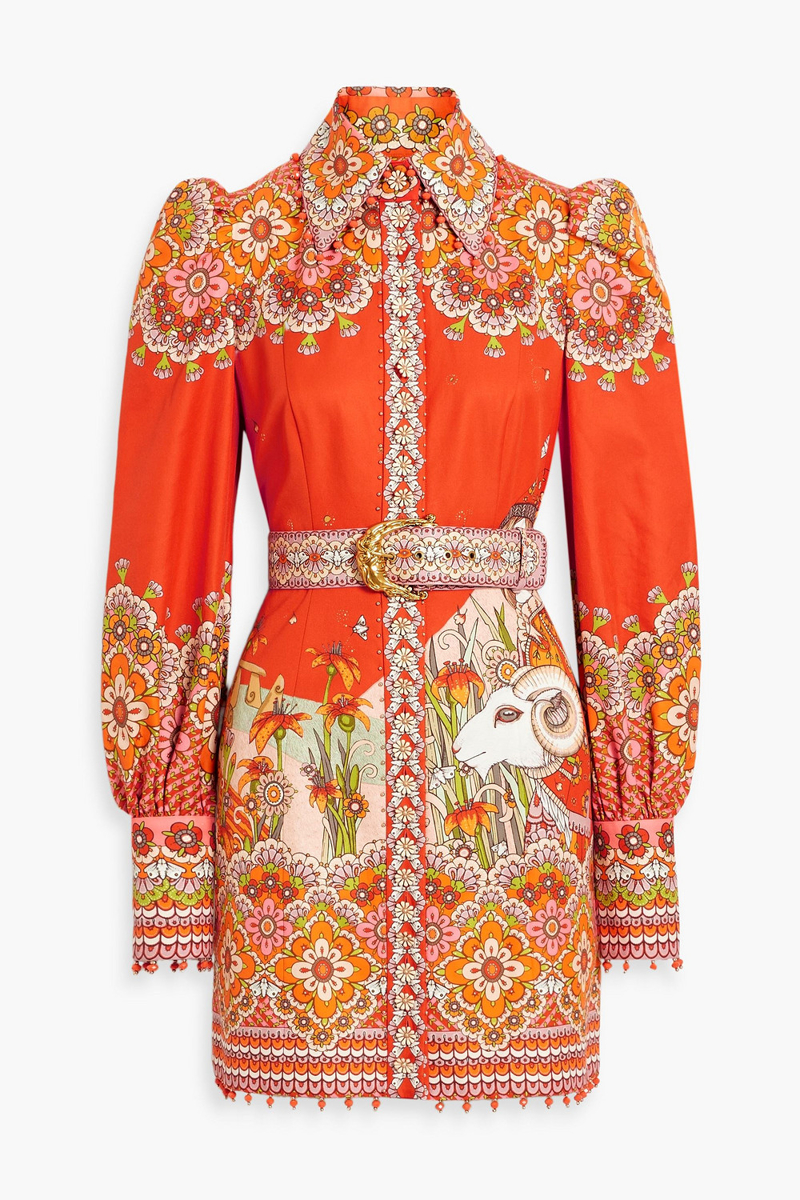 Zimmermann - Embellished belted cotton and silk-blend mini dress - Orange - 00