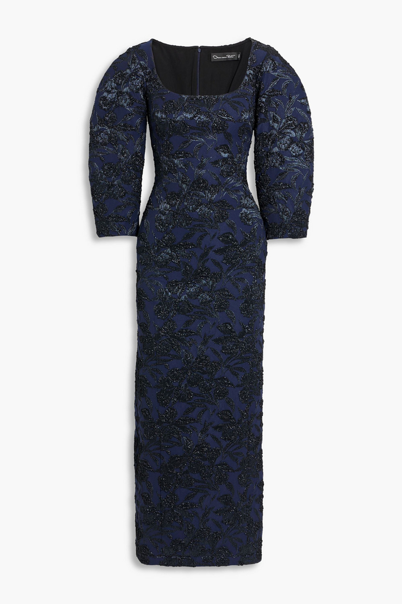 oscar de la renta - metallic jacquard maxi dress - blue - us 00