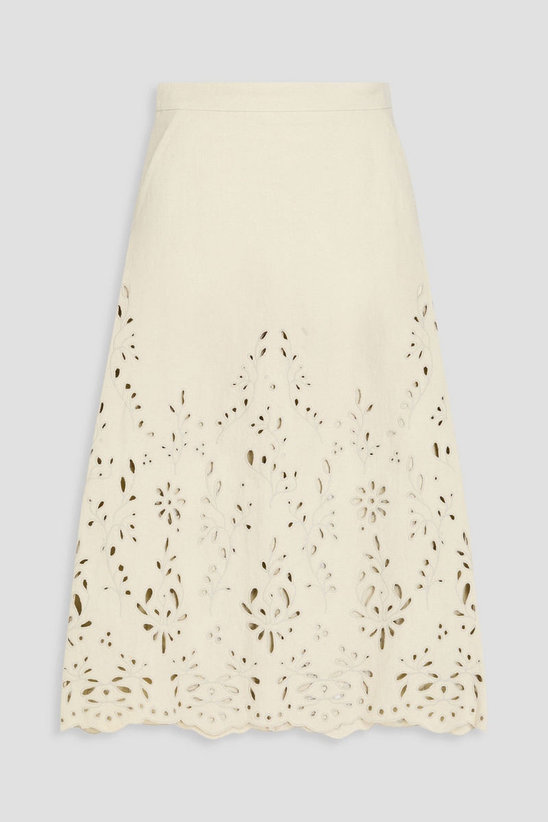 Chloé - Broderie anglaise hemp and paper-blend midi skirt - White - FR 34