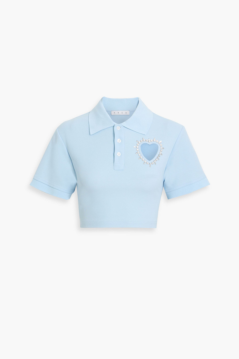 area - cropped embellished cotton-piqué polo shirt - blue - xs