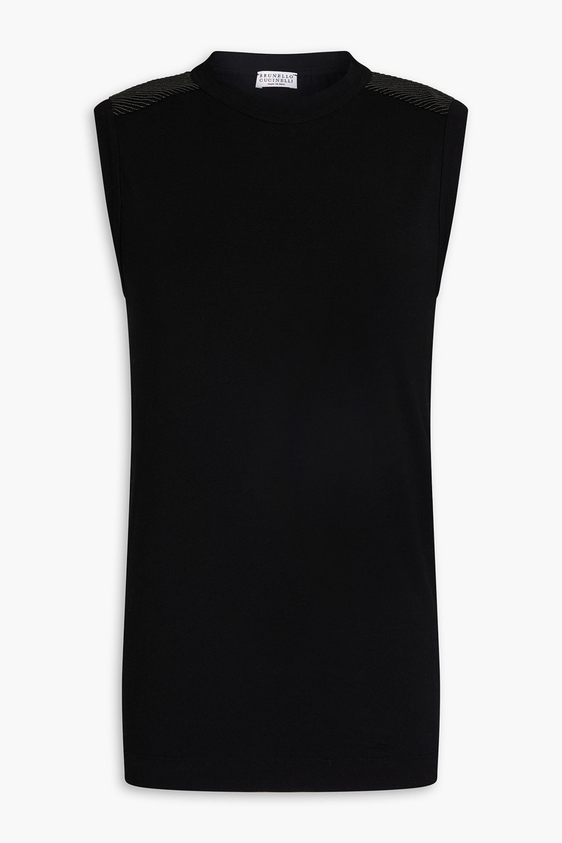 Brunello Cucinelli - Bead-embellished stretch-cotton jersey top - Black - XXS