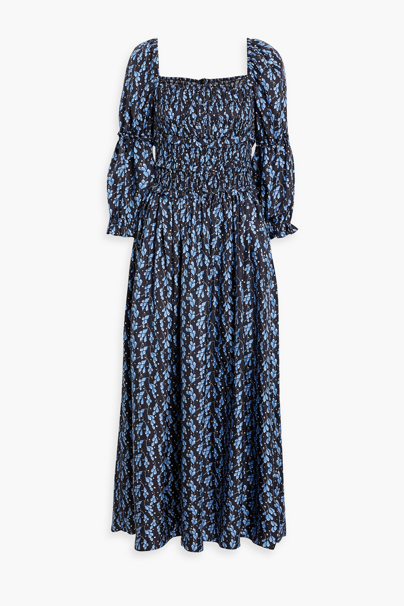 Shrimps - Harper shirred floral-print silk-twill maxi dress - Blue - UK 8