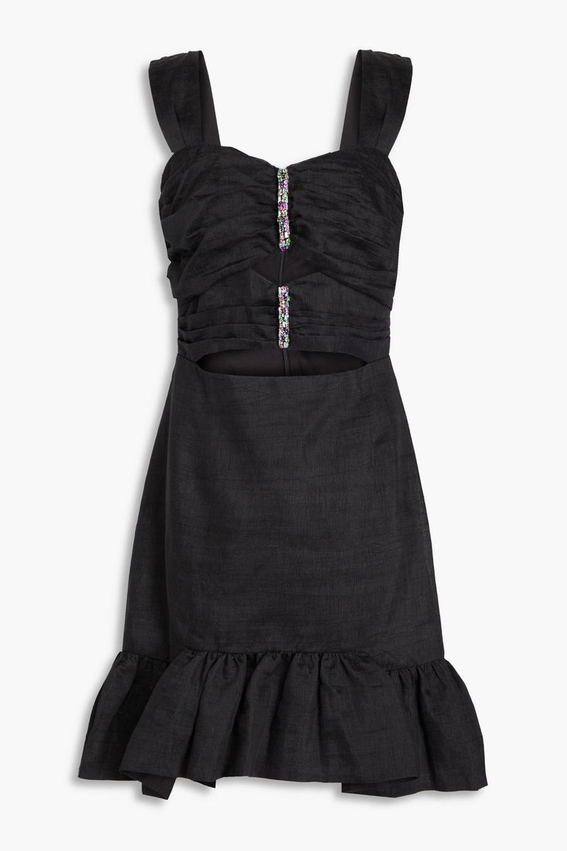 Sandro - Crystal-embellished cutout linen-blend mini dress - Black - FR 40