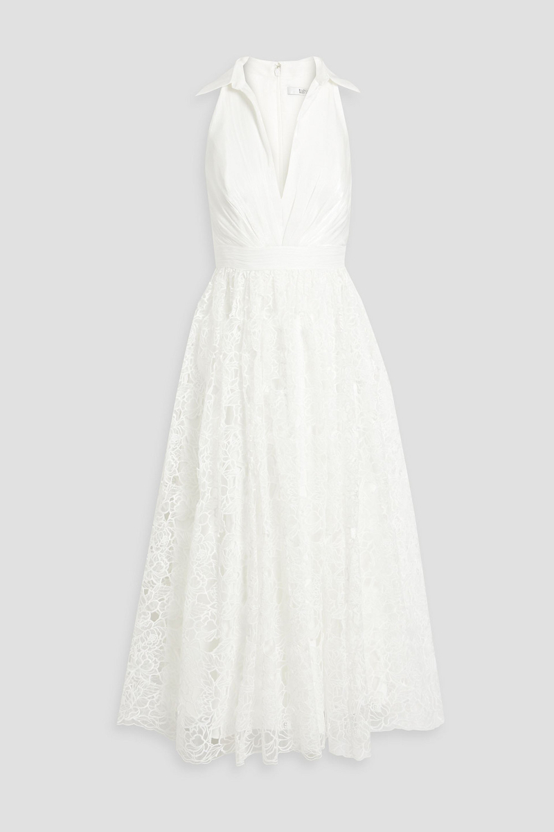 Badgley Mischka - Crepon-paneled guipure lace midi dress - White - US 6