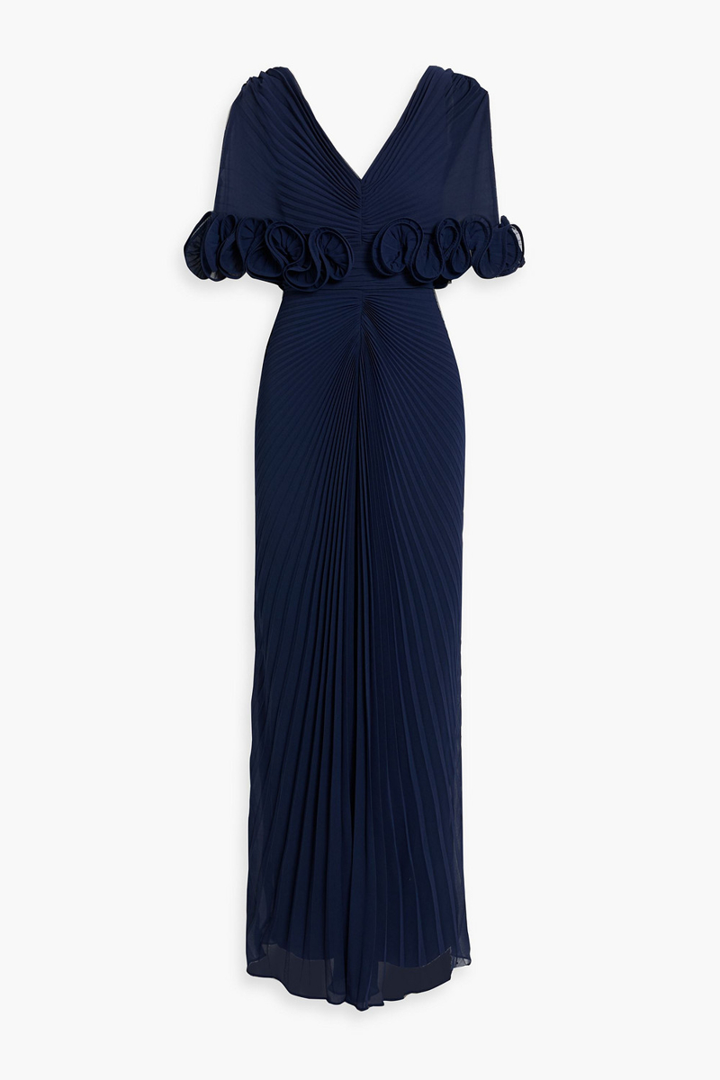 badgley mischka - ruffled pleated georgette gown - blue - us 4