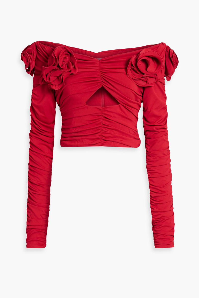 magda butrym - off-the-shoulder floral-appliquéd cutout stretch-jersey top - red - fr 40