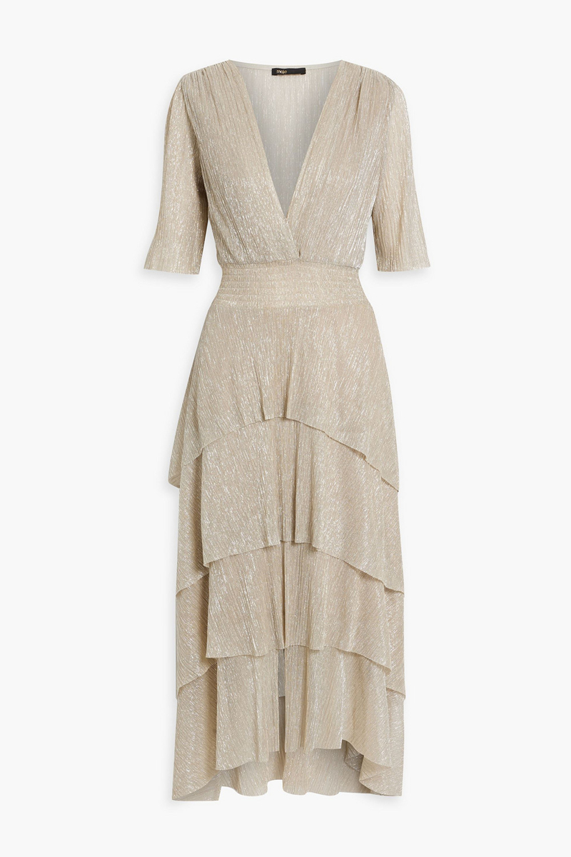 maje - metallic tiered plissé-tulle midi dress - metallic - fr 42