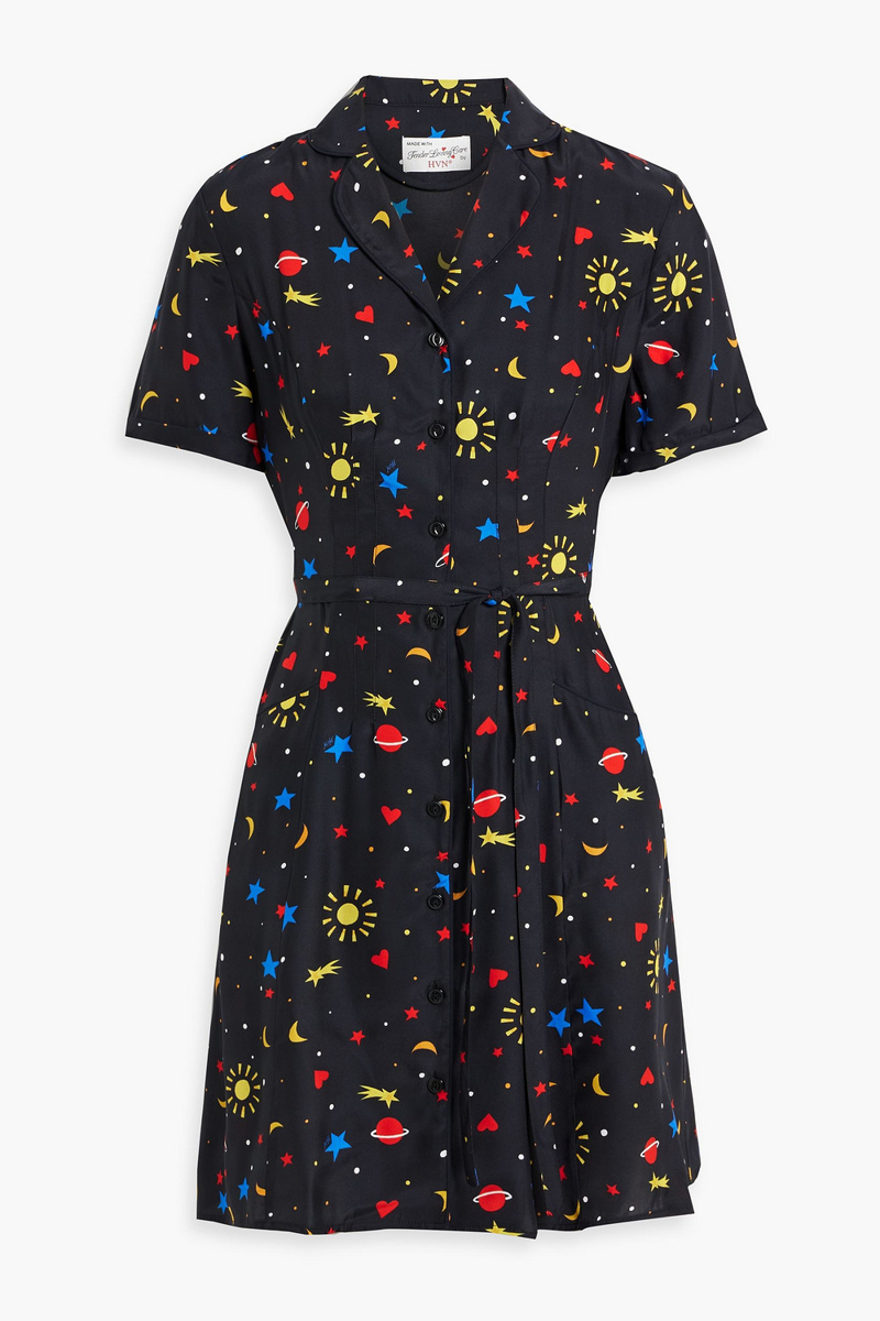 hvn - maria printed silk mini shirt dress - black - us 10